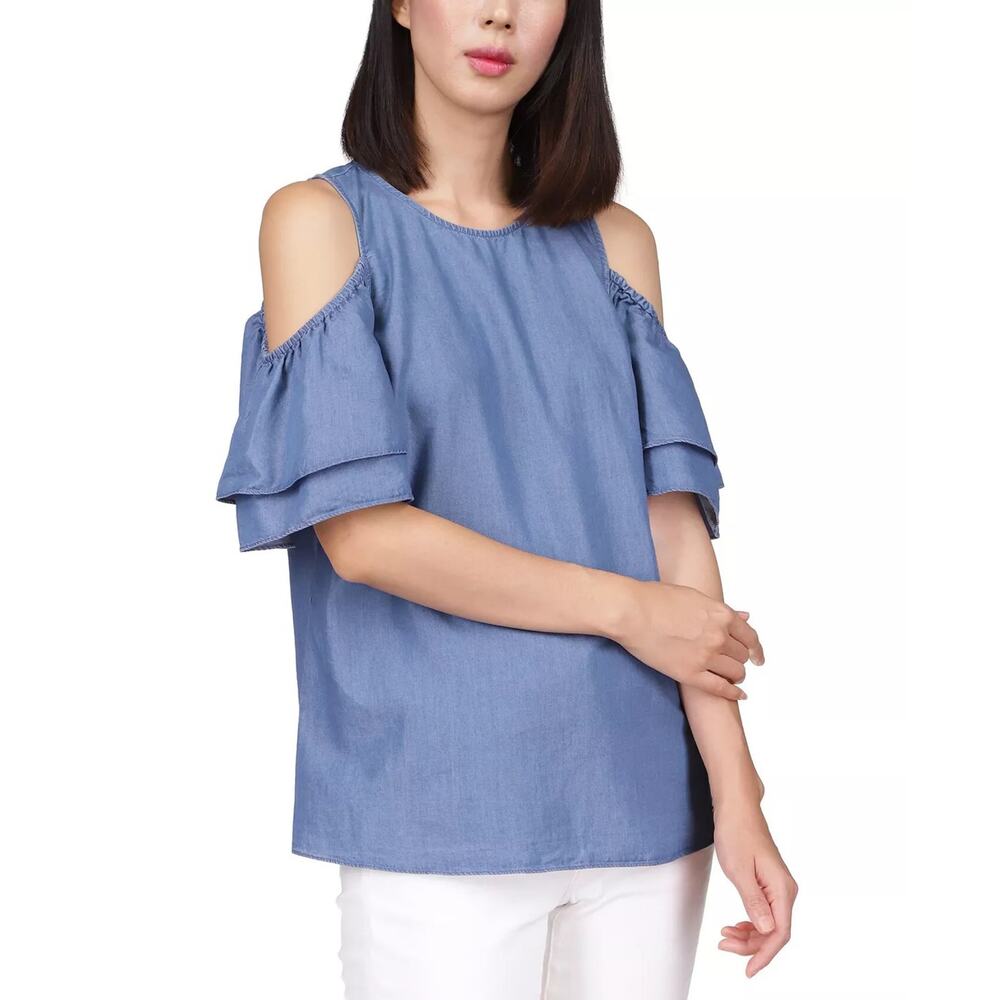 Michael Kors Women Denim Blue Cotton Tiered-Sleeve Cold-Shoulder Top Size S